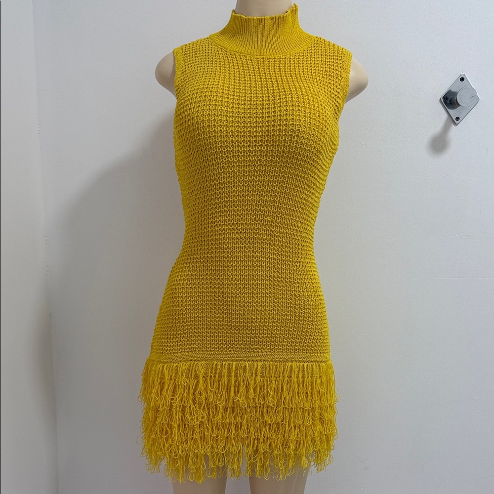 Yellow Sleeveless Knit Crochet Dress with Fringe